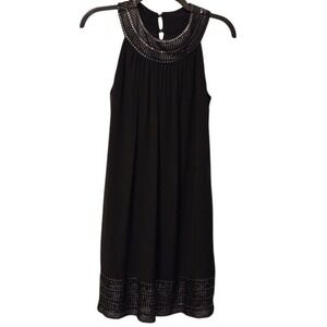 SLNY Womens Black Beaded Halter Neck Shift Cocktail Dress Small Silver Trim